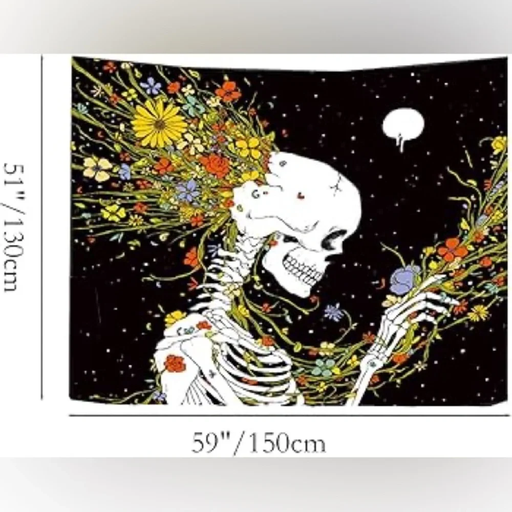 Flower Skull Tapestry Colorful Gothic Plant Floral Skeleton Wall Art Room Decor